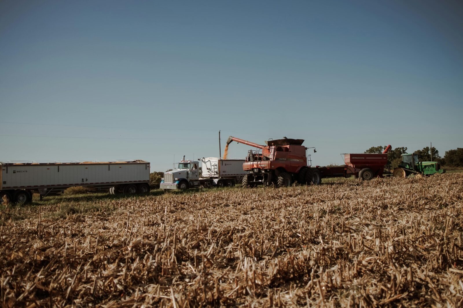 Tractors and harvesters working in a sunlit cropland during harvest season.
